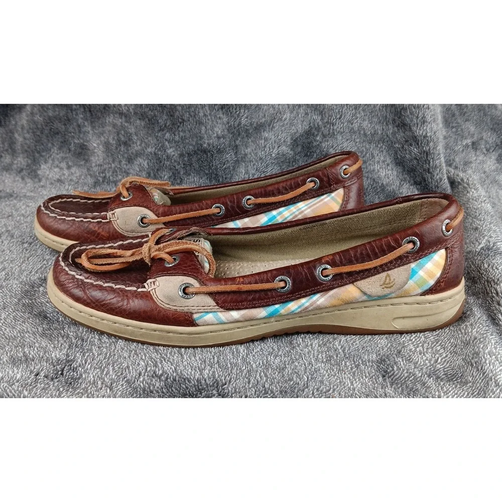 Sperry Top Sider Women Brown Leather‎ Plaid Boat Shoes Loafers Moccasins 8.5M